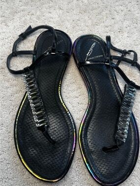 Brian Atwood Jeweled T-Strap Black Sandals - size 6